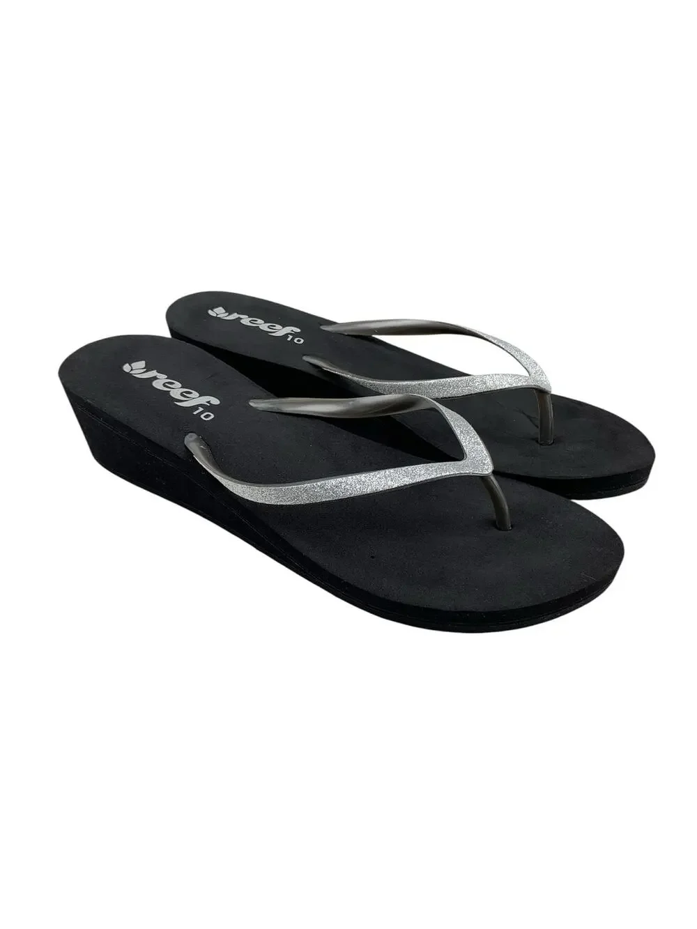 Reef Wedge Heel Flip Flops Sparkly Silver Thong Sandals Women's 10 Y2K